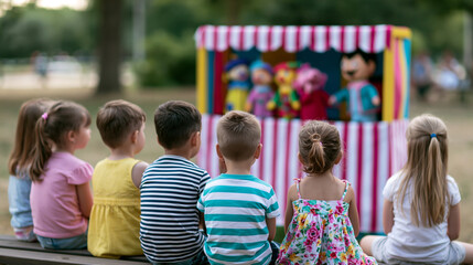 Naklejka premium Children sitting on grass watching puppet theater outdoors representing childhood play imagination and group activity concept