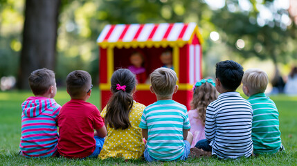 Fototapeta premium Children sitting on grass watching puppet theater outdoors representing childhood play imagination and group activity concept
