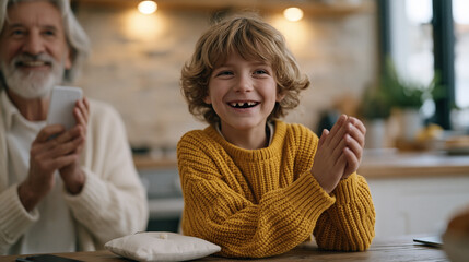 Fototapeta premium Family celebrates around kitchen table first lost tooth placed on small pillow parent holding phone for photo grandparent clapping young child grinning wide gap-toothed first lost