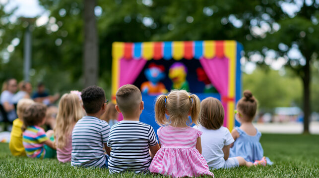 Children sitting on grass watching puppet theater outdoors representing childhood play imagination and group activity concept