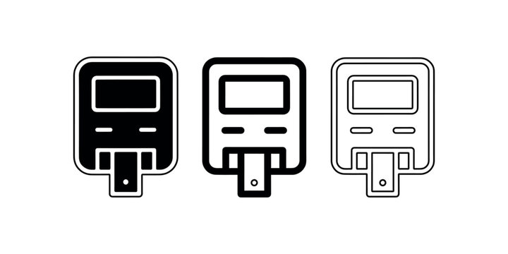 Simple vector icons representing payment terminals or ticket machines in black and white fill and outline styles perfect for apps and web interfaces.