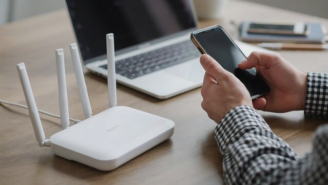 Person holding smartphone, modern workspace with laptop and WiFi router, technology and connectivity
