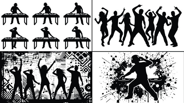 Silhouettes of professional DJs mixing music and people dancing at a nightclub concert with grunge texture backgrounds