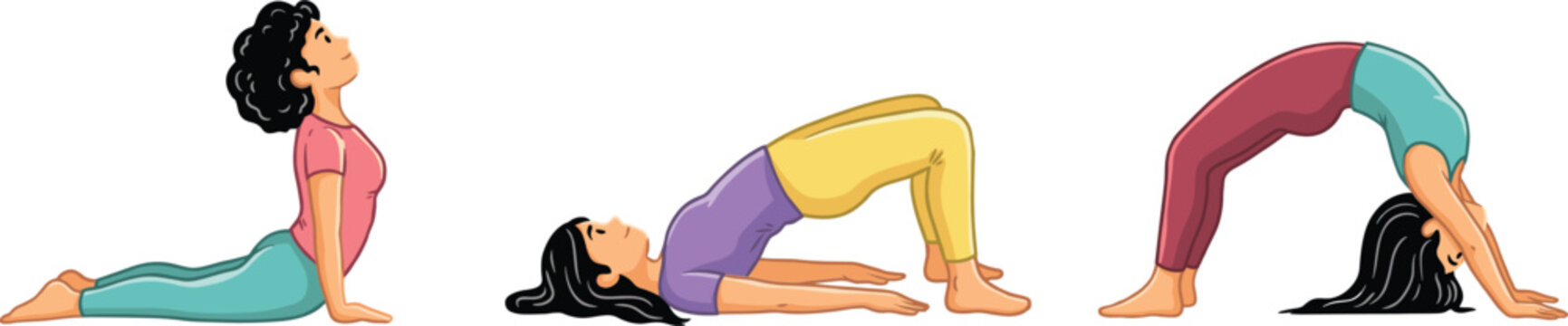 Women practicing yoga poses sequence, healthy lifestyle fitness exercise and flexibility training illustration