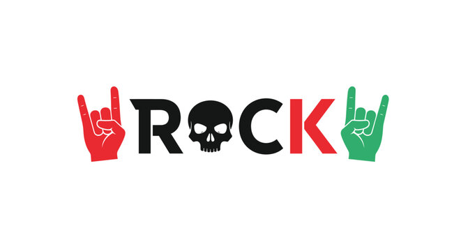 Bold typography of the word rock featuring a human skull and hand gestures in red and green against a clean white background for music fans.