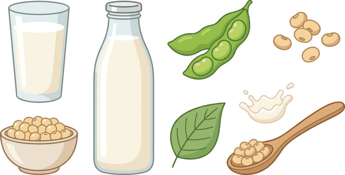 Soy Milk and Vegan Plant Based Dairy Alternative Vector Icon Set Featuring Milk Bottle, Glass, Soybeans in Bowl, Spoon, Edamame Pod, and Splash Illustrations