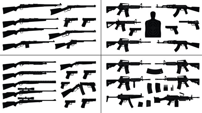 Weapons and firearms silhouettes vector collection featuring assault rifles handguns shotguns sniper rifles and shooting range target