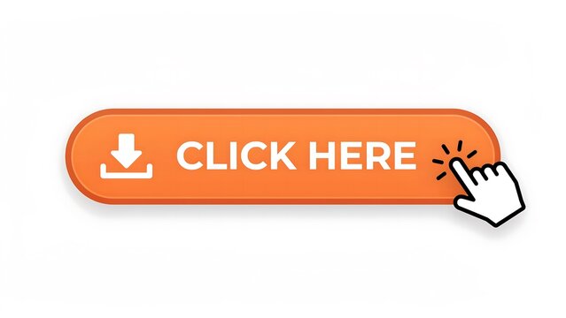 Download button, click here icon, orange button with hand cursor, web interface element, call to action