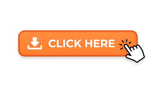 Download button, orange click here icon, cursor pointer, web interface element