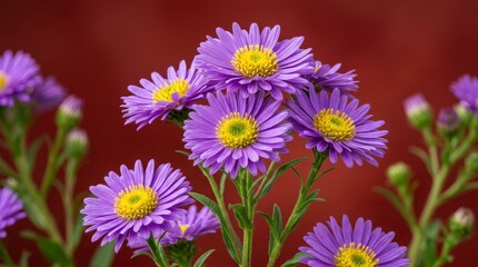 Fototapeta premium Vibrant purple Aster flowers in full bloom against a warm red background.