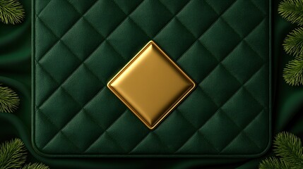 Obraz premium Luxury festive christmas background with green quilted leather texture framed by fresh green pine branches and golden decorative diamond shape in center