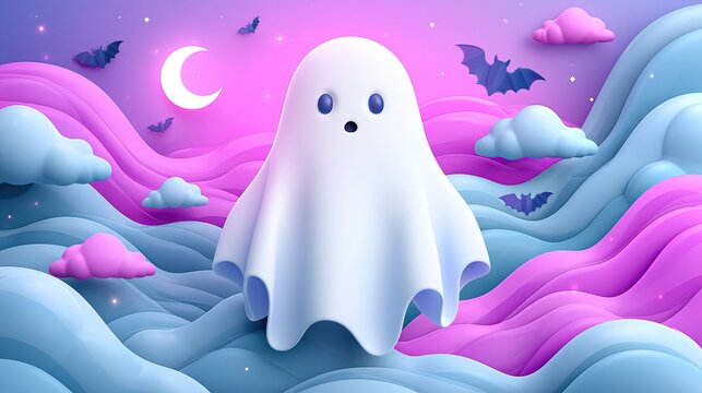 Cute cartoon style 3d rendered white ghost floating on wavy pink and blue background with crescent moon and bats for cute halloween festive decoration
