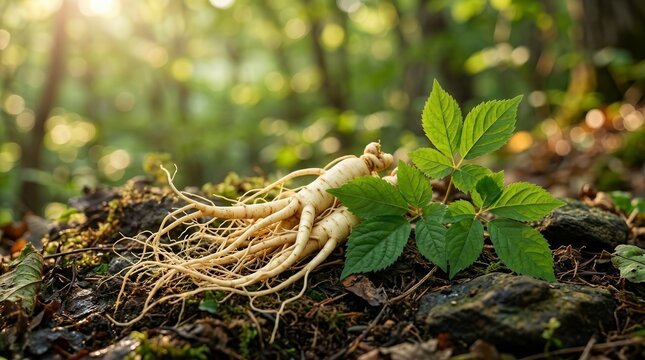 Natural Panax ginseng growing in a lush outdoor environment.