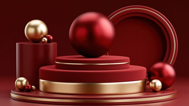 Luxury festive christmas product display podium with stacked red circular platforms decorated with red and gold glossy spheres for product presentation