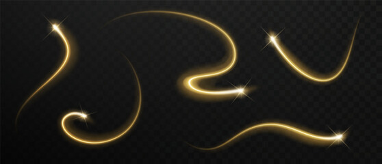 Plakat Golden magic light trail set featuring sparkling star flares and glowing curved lines. Realistic effects for holiday design projects