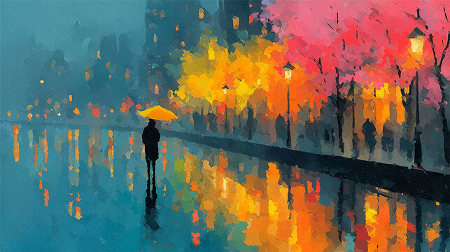 Watercolor painting of rainy day, a lonely silhouette holding a vibrant umbrella