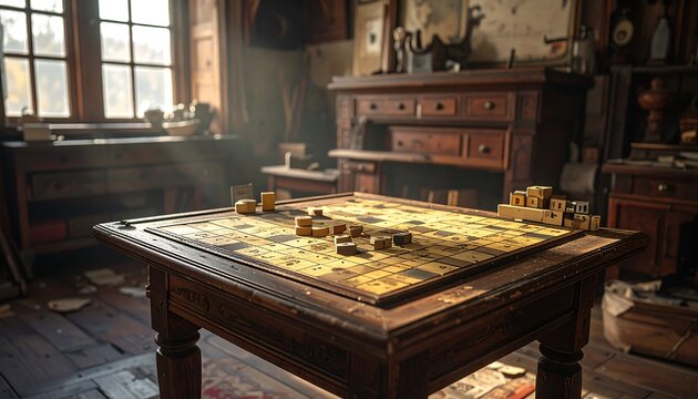 Vintage interior scene with a wooden table featuring a board game setup
