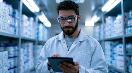 Fototapeta premium Pharmacist using digital tablet in pharmacy warehouse representing healthcare inventory management and pharmaceutical technology