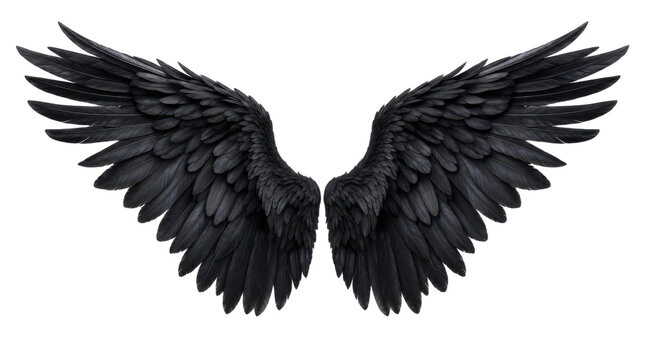 Detailed Pair of Black Outspread Wings Isolated on White Background