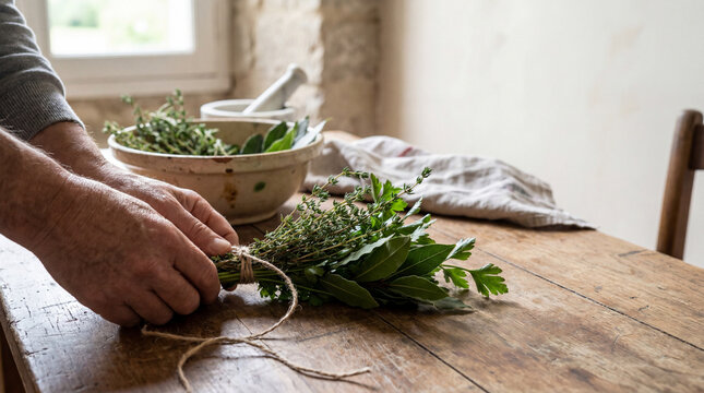 Preparing Bouquet Garni on Wooden Table