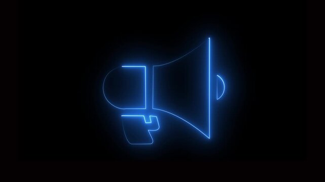 Neon blue color megaphone icon animation on black background.  Light hand speaker animated party science sound speaker technology wave.