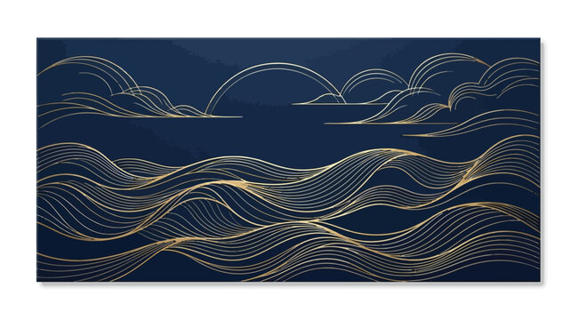 Abstract golden sea waves and clouds on dark blue background