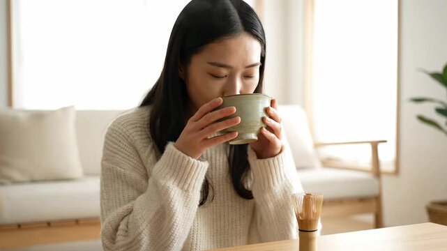 A woman is enjoying a cup of tea indoors, appreciating the aroma