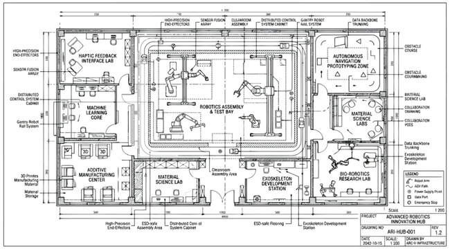Advanced robotics laboratory floor plan, featuring specialized zones for material science, autonomous navigation, and robotic manufacturing research