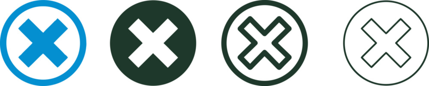 Four circular cross mark in solid blue dark green and outlined styles for error cancellation and rejection user interface