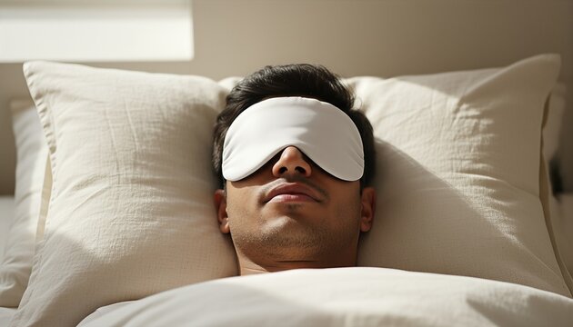 Young South Asian man wearing a blank white sleep mask resting in a minimalist sunlit bedroom