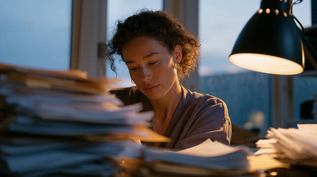 Process in action framing of immigration paralegal organizing client refugee integration case files alphabetically on floor of nonprofit legal aid office, stacks of multilingual documents surroundin