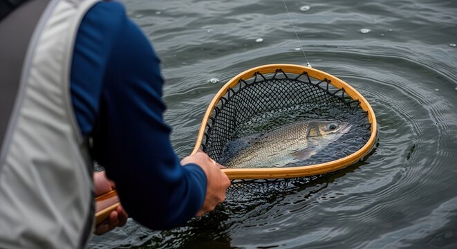 Close-up of a Fisherman Landing a Freshly Caught Trout in a Wooden Net on a River during a Fly Fishing Trip