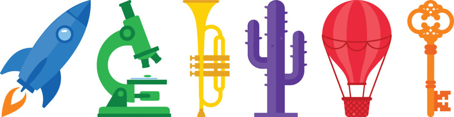 Colorful Flat Vector Icon Set Featuring Rocket Ship, Microscope, Trumpet, Cactus, Hot Air Balloon, and Vintage Key for Education and Discovery Designs © Mahadi