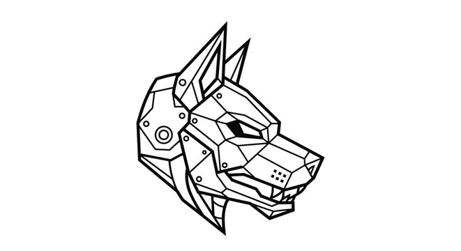 Modern line art illustration of a robotic dog head featuring mechanical parts, bolts, and geometric armor plating.