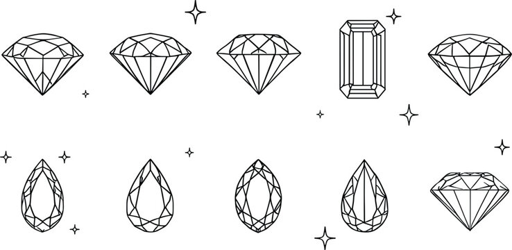 Luxury diamond vector set with geometric gemstone crystal cuts and realistic sparkling facets
