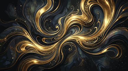 Fototapeta premium Abstract luxury background with flowing golden liquid waves and glitter particles