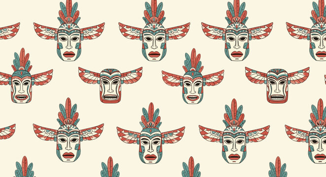 Cultural seamless pattern featuring various colorful tribal masks and feathers on a light off-white background.