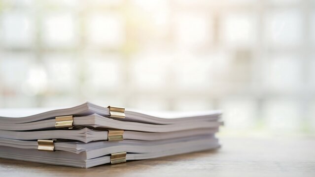 Stack of white notebooks, gold clips, office supplies, desk