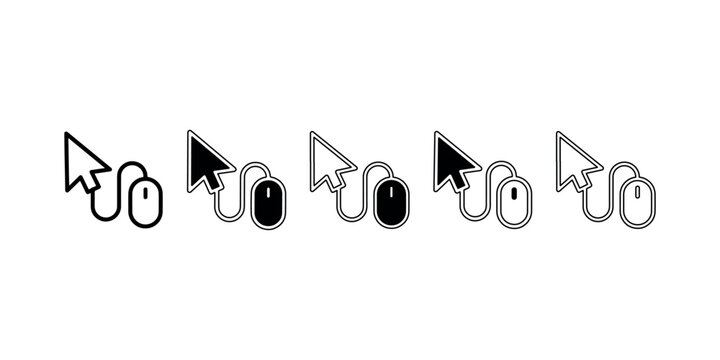 Computer mouse and cursor pointer icons connected by cable in outline and solid black fill variations for click action.