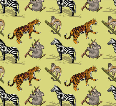 Jungle repeat pattern design with a seamless scalable print of zebra, jaguar, monkey and kola vector illustrations
