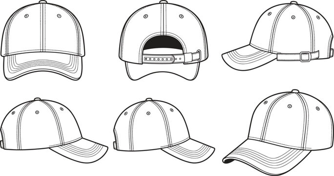 Blank baseball cap mock up vector illustration set featuring front back side and perspective views on white background