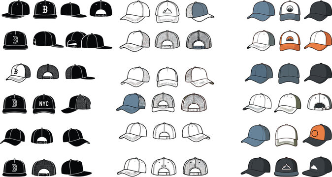 Baseball cap and trucker hat vector illustration mega set featuring various styles views and designs on white background