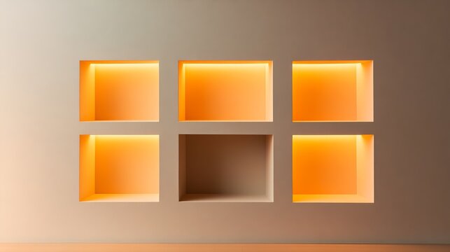 2x3 grid of square wall niches Five glow with warm orange light, one remains an unlit void, creating a modern minimalist contrast of illumination and shadow. ,Architecture, Display