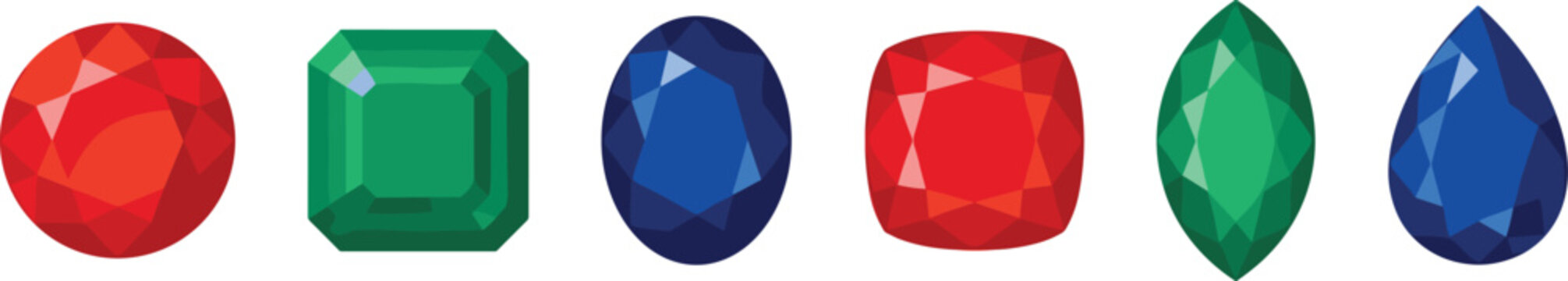 Colorful Gemstone Vector Icon Set Featuring Faceted Ruby, Emerald, and Sapphire Crystals in Various Geometric Shapes for Jewelry and Game Graphic Designs