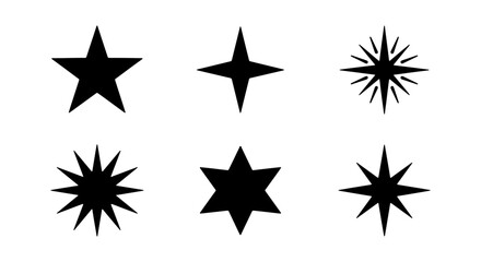 Obraz premium Six Black Star Icons, Sparkle Shapes, Geometric Starbursts, Celestial Emblems, Vector Graphics