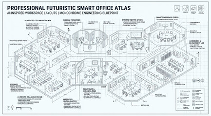 Obraz premium Professional futuristic smart office atlas isometric engineering blueprint