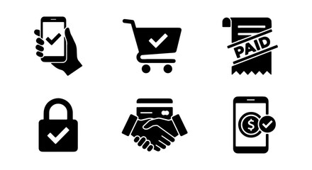 Fototapeta premium E-commerce Icons: Mobile Payment, Shopping Cart, Paid Receipt, Security Lock, Handshake, Digital Wallet
