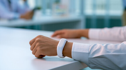 Fototapeta premium Smart health monitoring wristband on patient hand in modern clinical setting representing wearable medical technology and remote healthcare