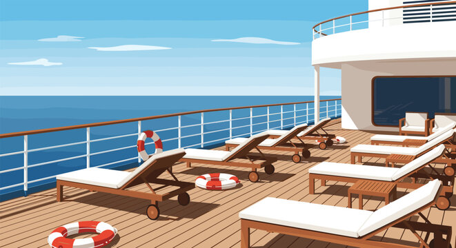 Relaxing view of sun loungers and lifebuoys on a ship deck with a vast blue ocean and clear sky in the background.