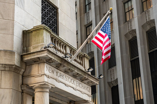 New York, NY, US-April 13, 2026: The entrance to the New York Stock Exchange building on Wall Street in the global financial capital.